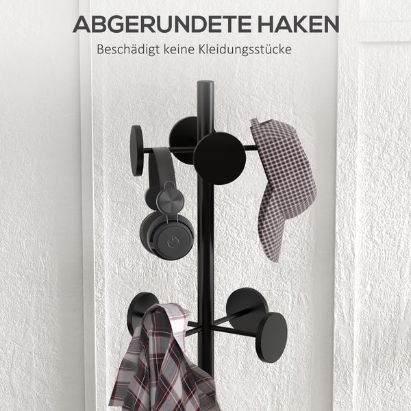HOMCOM Garderobenständer, Kleiderständer, Garderobe mit 8 Haken, Standgarderob für Hüte, Kleidung, Eingang, Flur, Metall, Walnuss, 34 x 34 x 177cm