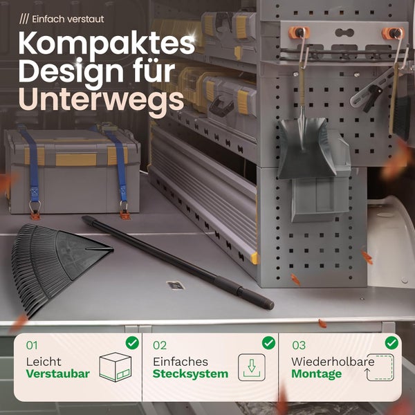 Kompaktes, einfach montierbares Aufbewahrungssystem für Werkzeuge im Fahrzeug mit Regalen, Werkzeugkoffern und einer Lochwand.