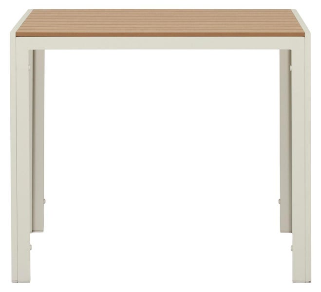 Gartentisch mit Metallgestell und Tischplatte in Holzoptik.