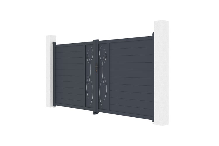 Zweiflügeliges Einfahrtstor in Anthrazit aus Aluminium mit horizontalen Lamellen und dekorativen Ausschnitten.