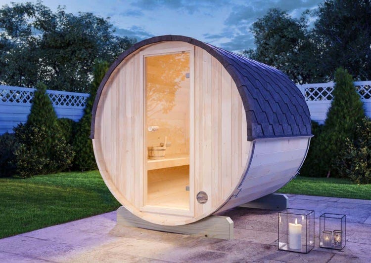 FinnTherm Fasssauna Mini S Fasssauna 2 Sitzbänke aus Holz Sauna mit 42 mm Wandstärke, Außensauna mit Montagematerial 1,9x2,2m