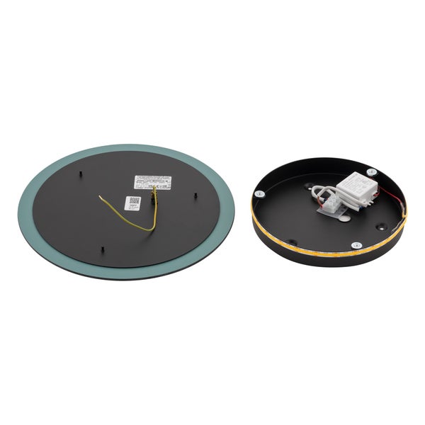 Rückseite und Gehäuseinneres einer runden LED-Spiegelleuchte mit LED-Streifen, Treiber und Anschlussklemmen.