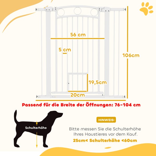 PawHut Türschutzgitter Hund, 76-104 cm Absperrgitter ohne Bohren, Treppengitter aus Stahl, Treppenschutzgitter mit Katzentür, Schutzgitter, Sicherheitsgitter für Treppen, Tür, Flur, Weiß