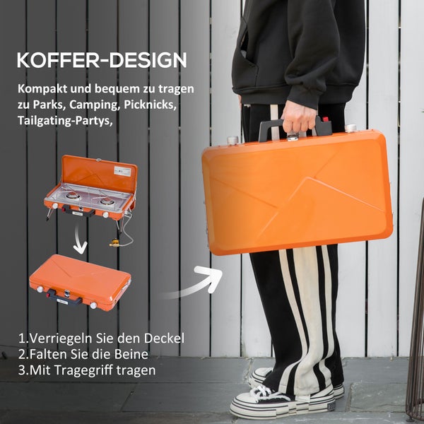 Outsunny Gasgrill, Tischgrill, BBQ mit 2 Brennern, für Picknick, Garten, 46,5 x 33,5 x 17,4 cm, Edelstahl+Metall, Orange