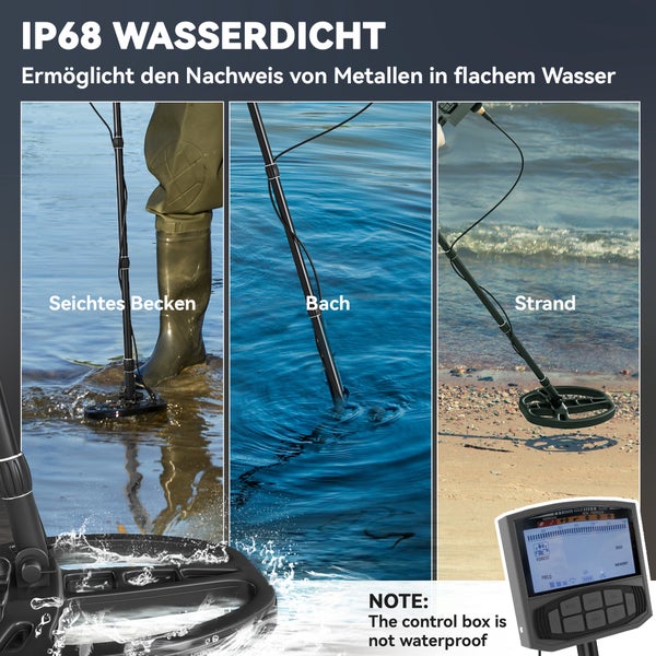 Wasserdichter IP68 Metalldetektor zur Metallsuche im seichten Wasser, Bach und Strand.