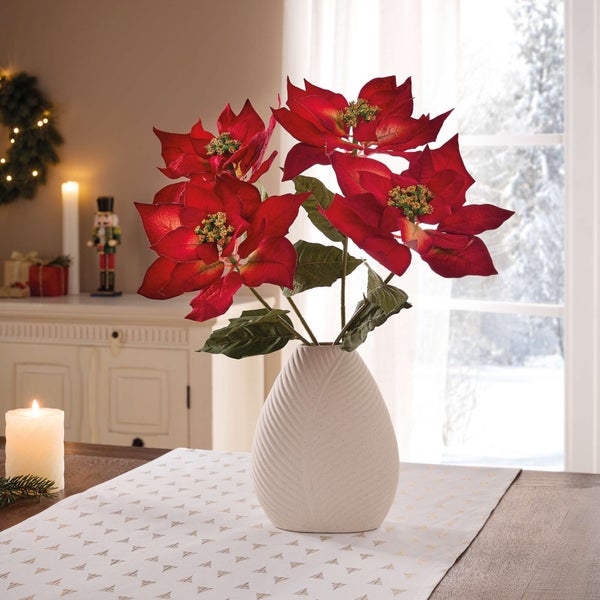Dekorative Weihnachtsstern-Arrangements in Vase auf Tisch.