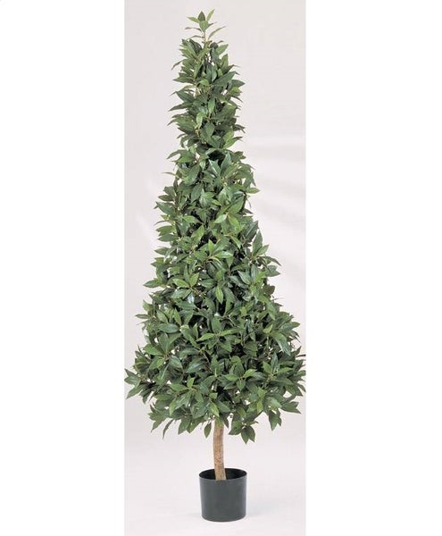 Künstlicher Lorbeerbaum in Pyramidenform mit dichten grünen Blättern in einem schwarzen Kunststofftopf.