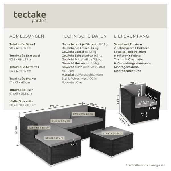 Rattan Lounge tectake Lignano variabel aufstellbar für 4 bis 5 Personen schwarz