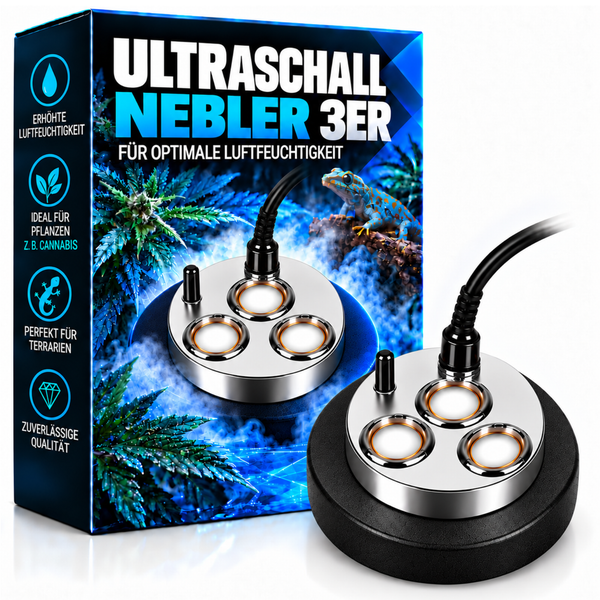 Ultraschall Nebler 3er Set zur Erhöhung der Luftfeuchtigkeit für Pflanzen und Terrarien in der Produktverpackung