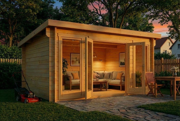 Modernes Gartenhaus aus Holz mit Flachdach, großen Glasfronten und Doppeltür, eingerichteter Innenraum, auf einer Terrasse im Garten.
