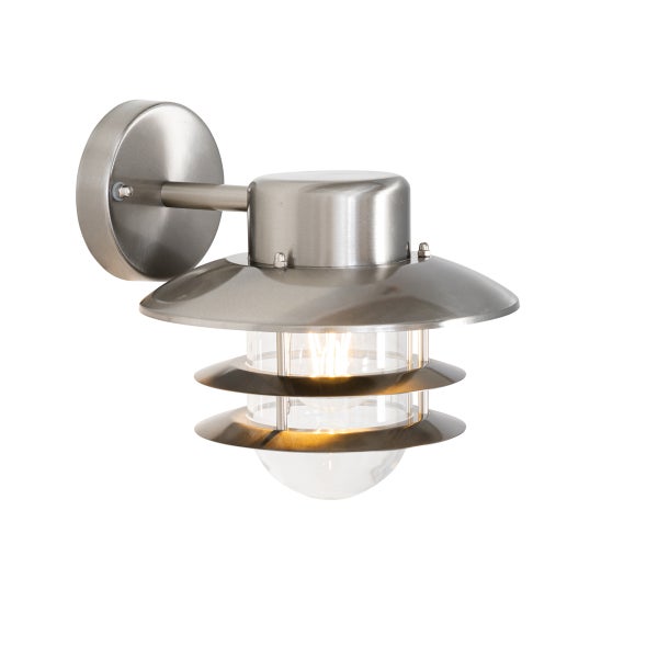 Moderne Außenwandleuchte aus Edelstahl mit Glasdiffusor und kreisförmigen Lamellen.