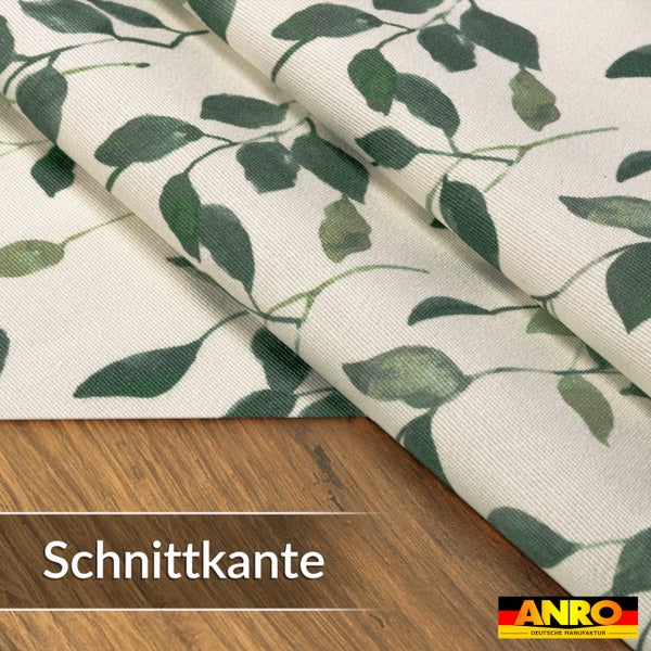 Wachstuch mit Blattmuster, Detailansicht der Schnittkante. ANRO Deutsche Manufaktur Logo.