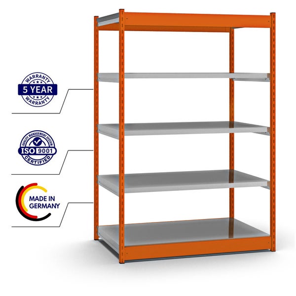 PROREGAL Fachbodenregal Stecksystem Vierkant-Profil Grundregal HxBxT 200 x 132,5 x 80 cm 5 Ebenen Einseitige Bauart Fachlast 200 kg Orange
