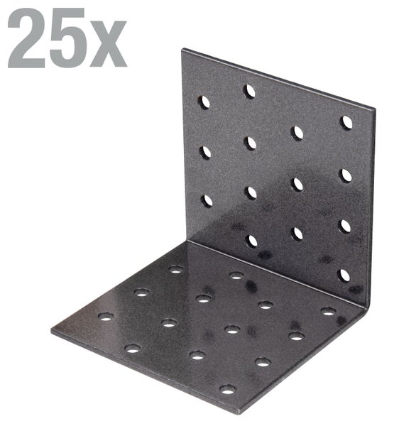 Set mit 25 Stück Schwerlastwinkeln aus Metall mit Lochung zur stabilen Befestigung von Bauteilen.