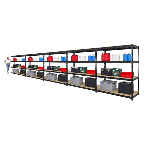 PROREGAL Mega Deal 5x Profi Schwerlastregal Bison HxBxT 200 x 180 x 60 cm 4 Fachböden Fachlast 600 kg Schwarz