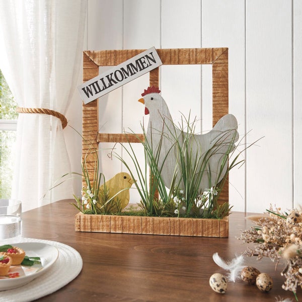 FRANK FLECHTWAREN|Dekofenster Huhn mit Küken, 35 x 5 x 40 cm, HOLZ, KUNSTSTOFF