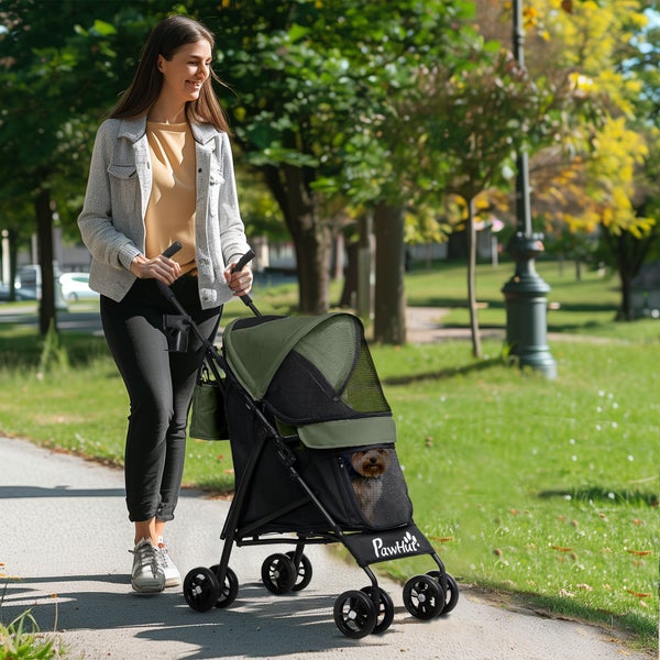 PawHut Hundewagen Hundebuggy klappbar für Hunde & Katzen bis 4 kg Katzenbuggy mit Netzfenstern, Schultergurt, Aufbewahrungstasche, Becherhalter Regenschirm Katzenwagen Dunkelgrün