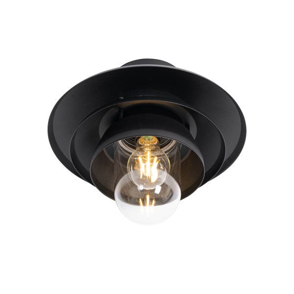 Deckenleuchte für den Außenbereich aus Metall in Schwarz mit klarem Glas und LED-Filament-Leuchtmittel.