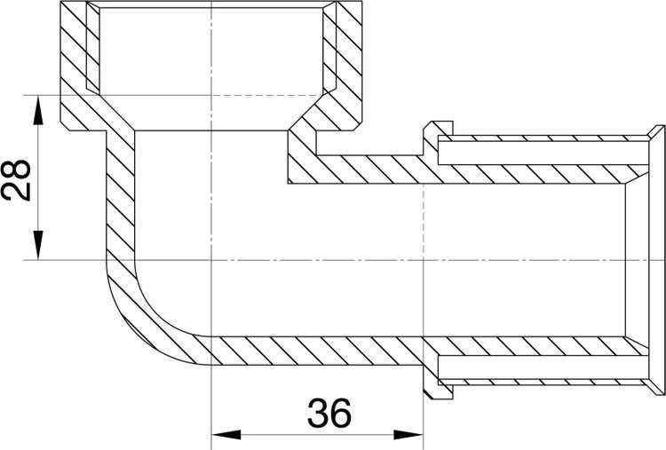 Technische Zeichnung eines 90 Grad Winkelstücks mit den Maßen 28 und 36 Millimeter.
