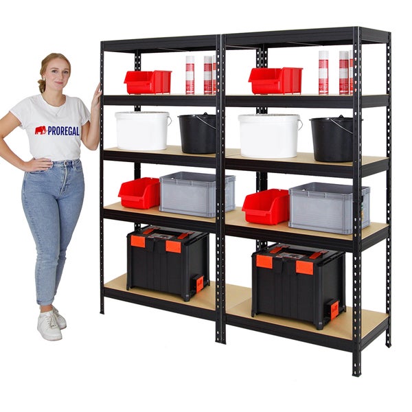 PROREGAL Mega Deal 2x Schwerlastregal Rivet HxBxT 180 x 90 x 45 cm Fachlast 250 kg Schwarz