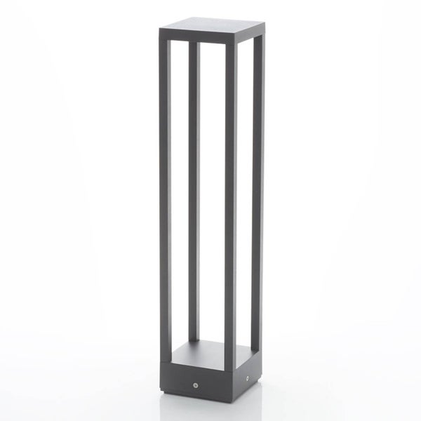 Moderne Außen-Sockelleuchte aus Metall in rechteckiger Rahmenform, dunkelgrau.