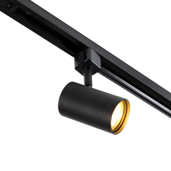Schwarzer zylindrischer LED-Strahler für ein Schienensystem.
