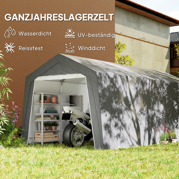 Outsunny Garagenzelt, wasserdicht Zeltgarage mit Türen, Fenster, Anti-Staub-Fahrradabdeckung, Gerätehaus, Gerätezelt Schuppen für Außenbereich, Terrasse, Garten, ca. 300 x 600 x 250 cm, Hellgrau