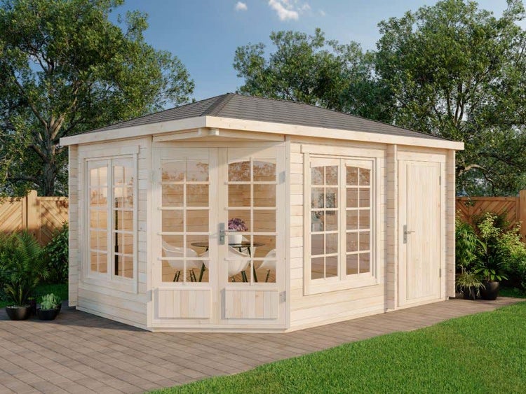 Alpholz 5-Eck Gartenhaus Josephine-40 mit Anbau Gartenhaus aus Holz in natur, Holzhaus mit 40 mm Wandstärke, Blockbohlenhaus mit Montagematerial imprägniert 4,4x3m