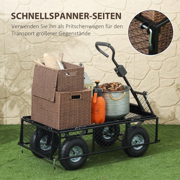 Outsunny Gartenwagen 300 kg belastbar Transportwagen mit Luftreifen, herausnehmbare Plane Griff Rädern Lenkachse Bollerwagen Handwagen Gartenkarre 114 L Gerätewagen für Haus Garten Schwarz