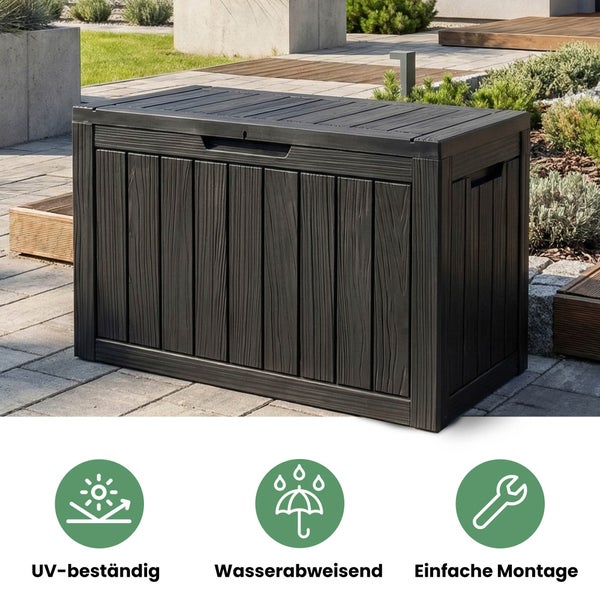 Gartenbox in dunkler Holzoptik auf einer Terrasse, UV-beständig, wasserabweisend und einfache Montage.