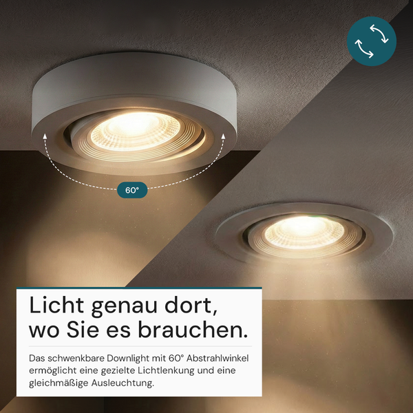 Schwenkbares LED Downlight in Aufbau- und Einbauvariante an der Decke mit einem Abstrahlwinkel von 60 Grad für gezielte Beleuchtung.