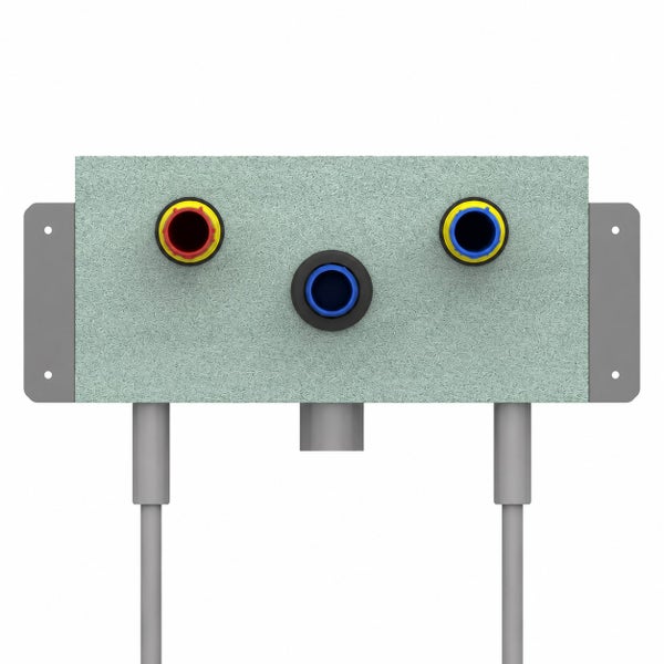 Unterputz-Installationselement für Badarmaturen mit drei Anschlüssen und Befestigungslaschen zur Wandmontage.