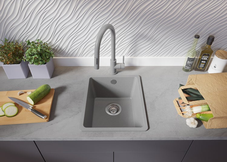 PRIMAGRAN Spülbecken Grau 36x44cm, Granitspüle 1 Becken + Ablauf-Set, Küchenspüle ab 40er Unterschrank - Venedig Slim Easy