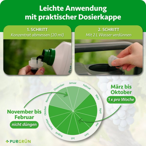 Anleitung zur Anwendung von Flüssigdünger mit Dosierkappe und jahreszeitlichem Düngekalender für Weinreben und andere Pflanzen.
