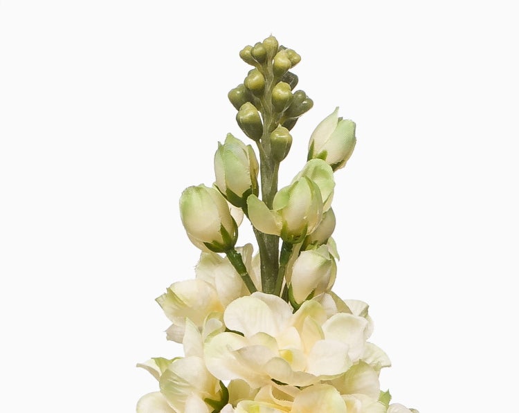 Künstlicher Blütenzweig mit cremeweißen Blüten und grünen Knospen.