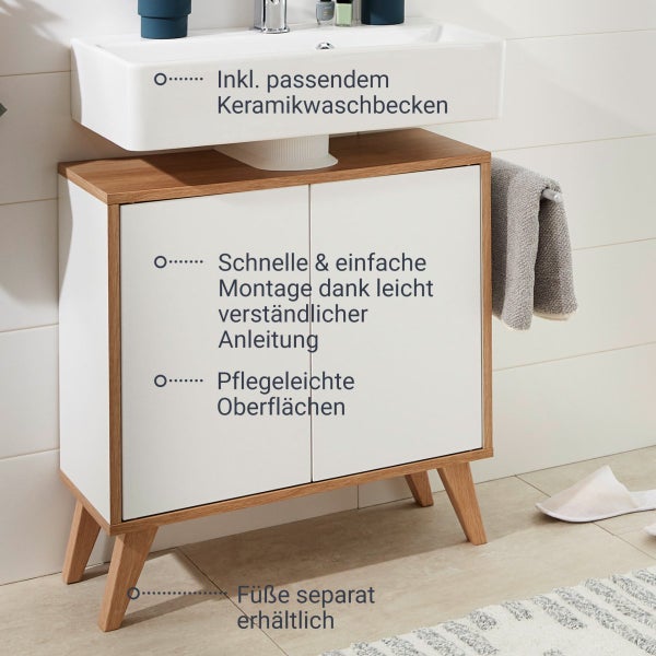 FACKELMANN FINN Badmöbel Set 2 Teile / Waschbecken / Waschbeckenunterschrank mit 2 Türen / Badschrank mit Push-to-Open / Korpus & Front: Weiß / Rahmendekor & Füße: Braun hell / Breite: 60 cm