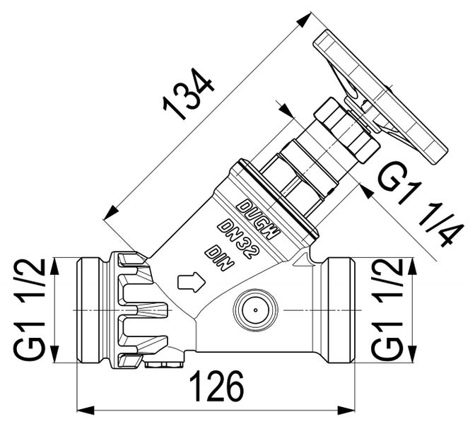 Technische Zeichnung eines Schrägsitzventils DN 32 mit Maßangaben und Anschlüssen G 1 1 2 und G 1 1 4 Zoll.