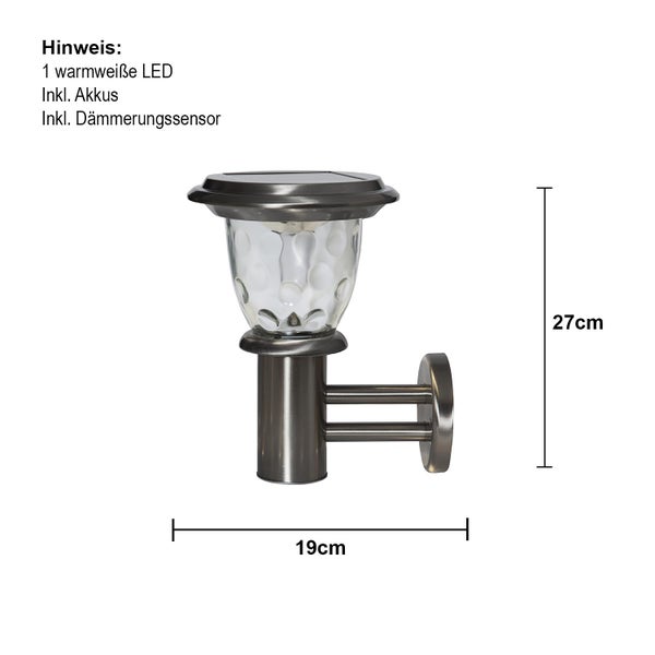 Solarwandleuchte mit LED, Akku und Dämmerungssensor, Abmessungen 27 mal 19 cm