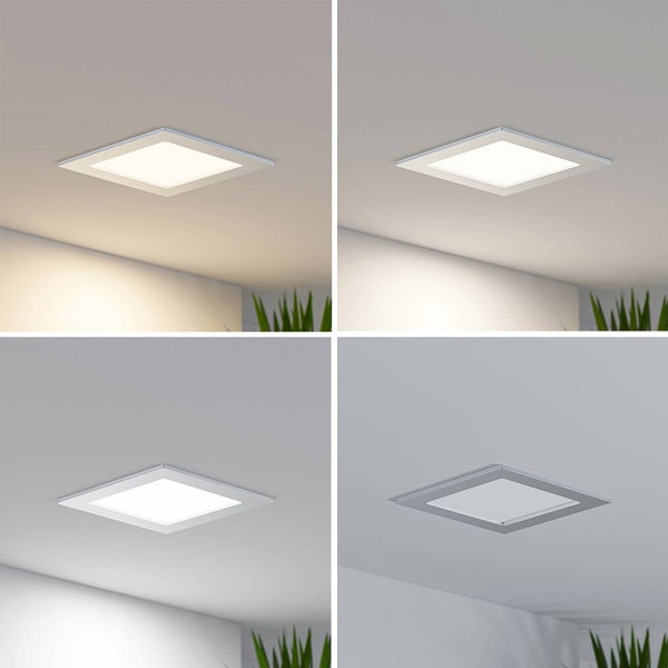 Quadratisches LED-Einbaupanel mit silbernem Rahmen in vier Lichtstufen: warmweiß, neutralweiß, tageslichtweiß und ausgeschaltet.