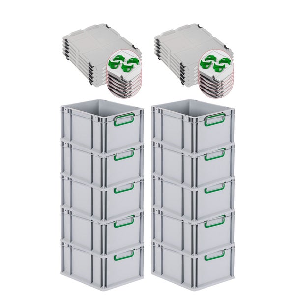 PROREGAL Spar Set 10x Eurobox Nextgen Color Mit Auflagedeckel & Schiebeschnappverschlüsse HxBxT 22 x 30 x 40 cm Griffe Grün Geschlossen Glatter Boden