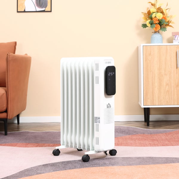 HOMCOM Ölradiator tragbar elektrisch Heizkörper 2000W 3 Heizstufen 24-Stunden-Timing elektrische Heizung 9 Heizplatten mit 4 Rollen Weiß Stahl 42,5 x 24 x 63 cm