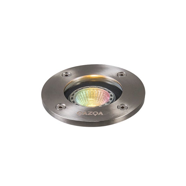 Runder Bodeneinbaustrahler aus Edelstahl mit sichtbarem Leuchtmittel und QAZQA Logo.