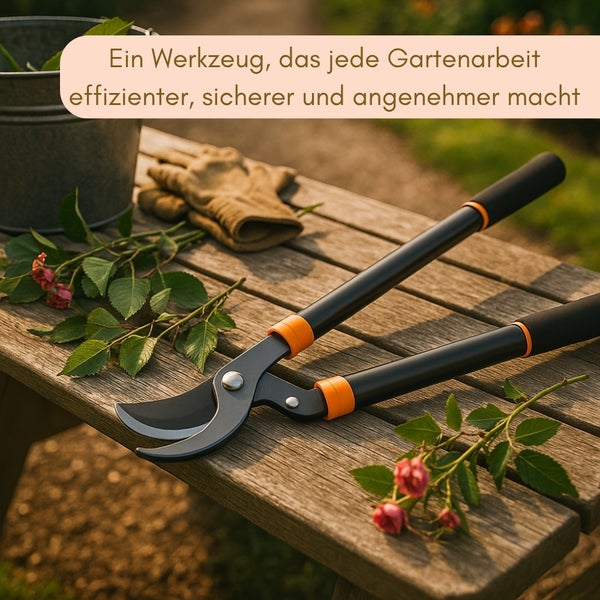 Gartenschere auf einer Holzbank mit Rosen, Eimer und Gartenhandschuhen