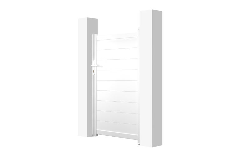 Gartentor einflügelig mit horizontalen Paneelen, inklusive Drückergarnitur und zwei Pfosten.