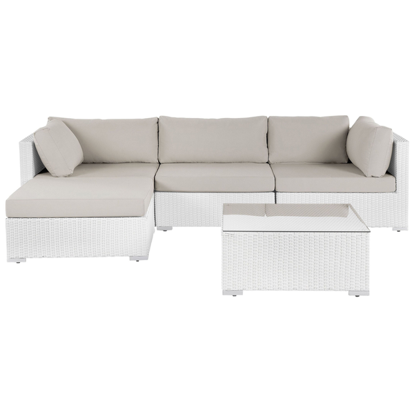 Gartenlounge-Set mit Rattansofa, Kissen und Glastisch