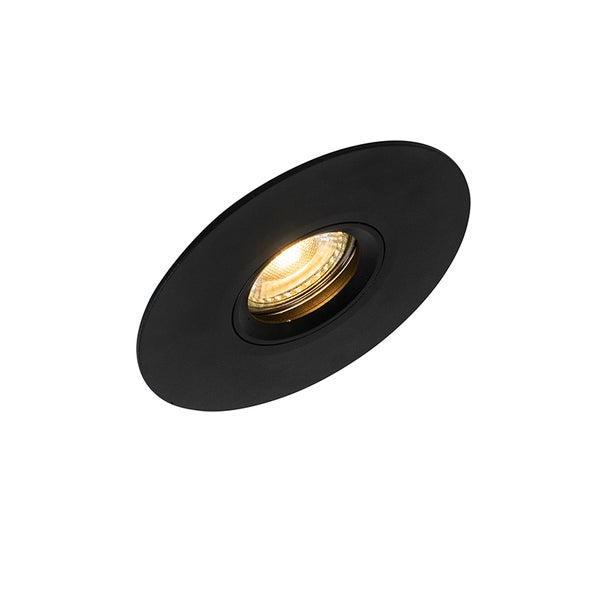 Runder Einbaustrahler in Schwarz mit eingeschaltetem Leuchtmittel.
