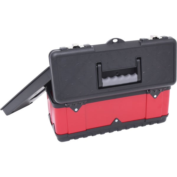 Werkzeugkoffer aus Metall und Kunststoff in Rot und Schwarz mit Tragegriff und herausnehmbarem Einsatz, geöffnet.