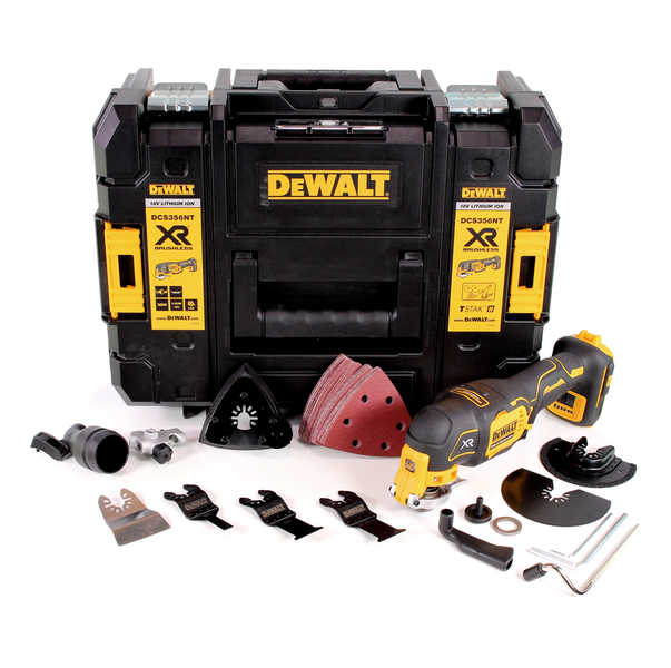 DeWALT Akku-Multitool DCS356 Set mit Koffer und Zubehör wie Schleifblättern, Sägeblättern und Adaptern.