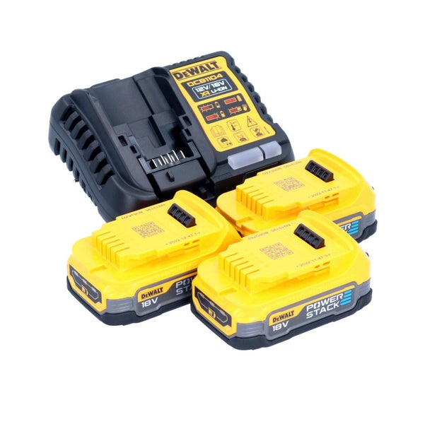 DeWalt Akku-Starter-Set bestehend aus einem Ladegerät und drei 18 Volt Powerstack Lithium-Ionen-Akkus.