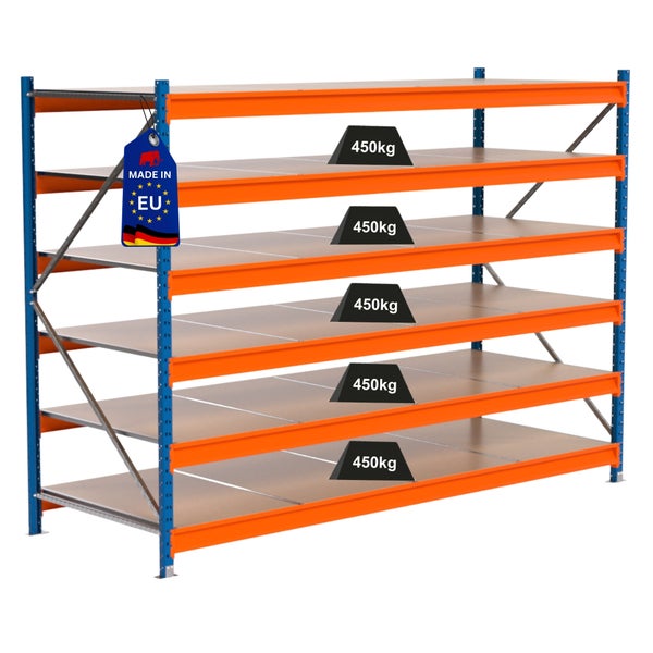 Lagerregal mit fünf Ebenen und einer Traglast von 450 Kilogramm pro Ebene